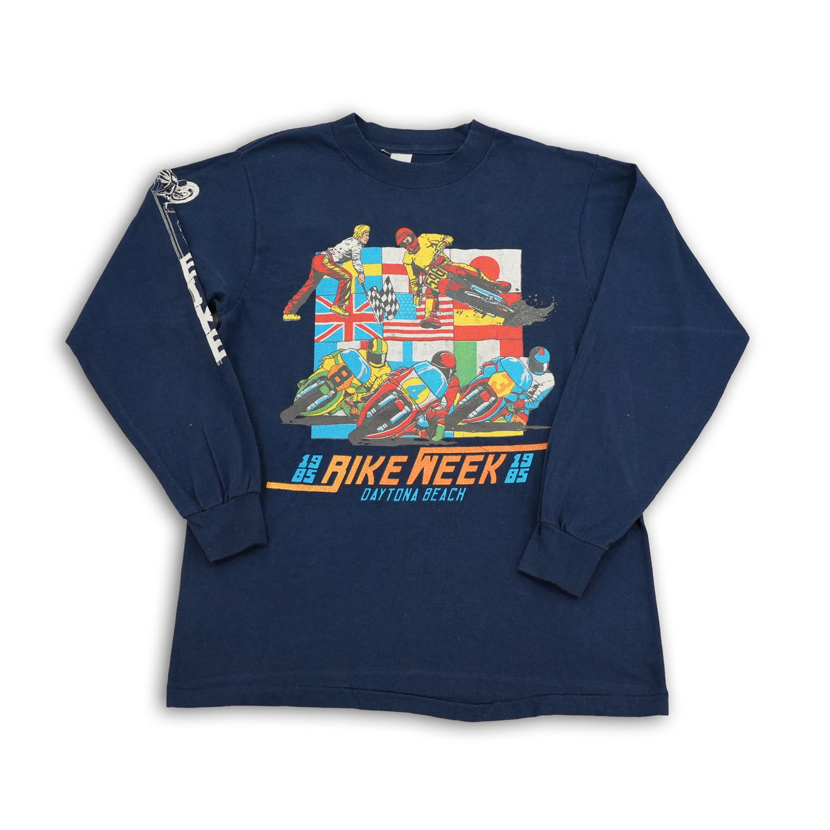 Vintage 1985 Daytona Beach Bike Week motorcycle graphic long sleeve T-shirt