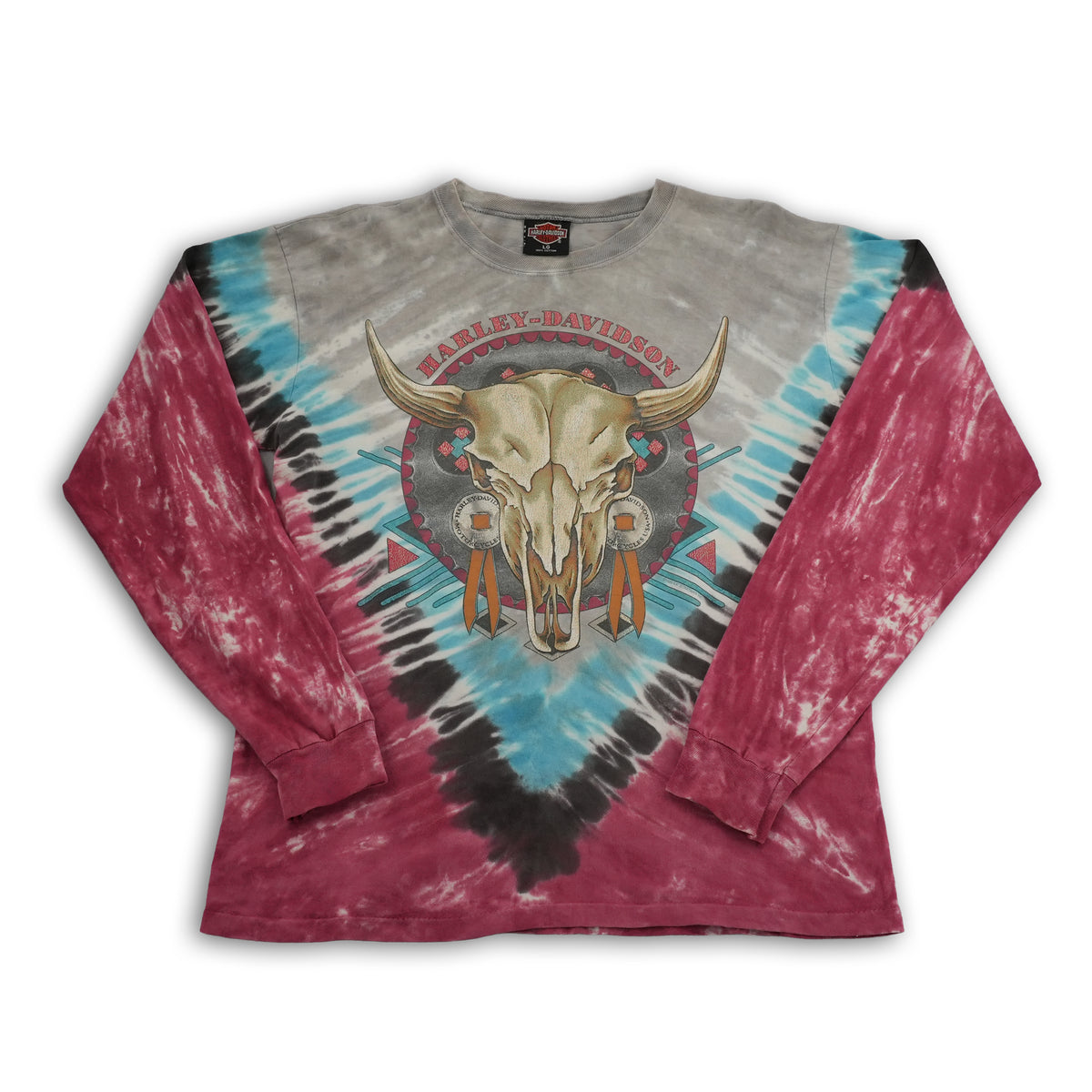 Vintage 90s Harley-Davidson tie dye cow skull graphic long sleeve T-shirt, size L