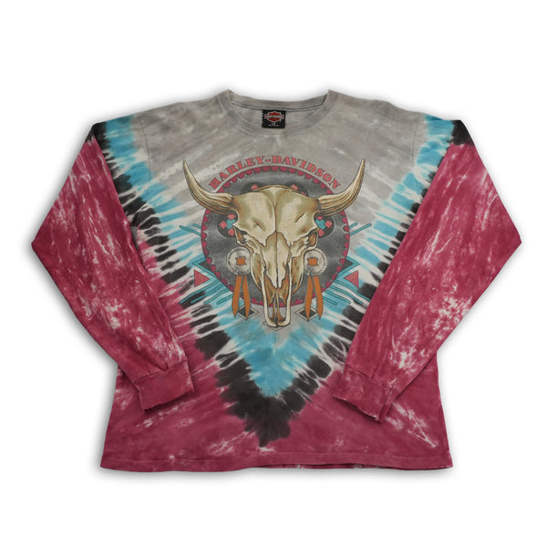 Vintage 90s Harley-Davidson tie dye cow skull graphic long sleeve T-shirt, size L