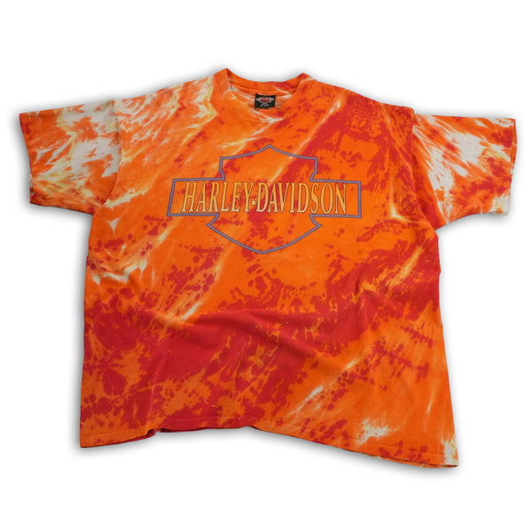 Vintage 90s Harley-Davidson tie dye graphic T-shirt, orange, size 3XL