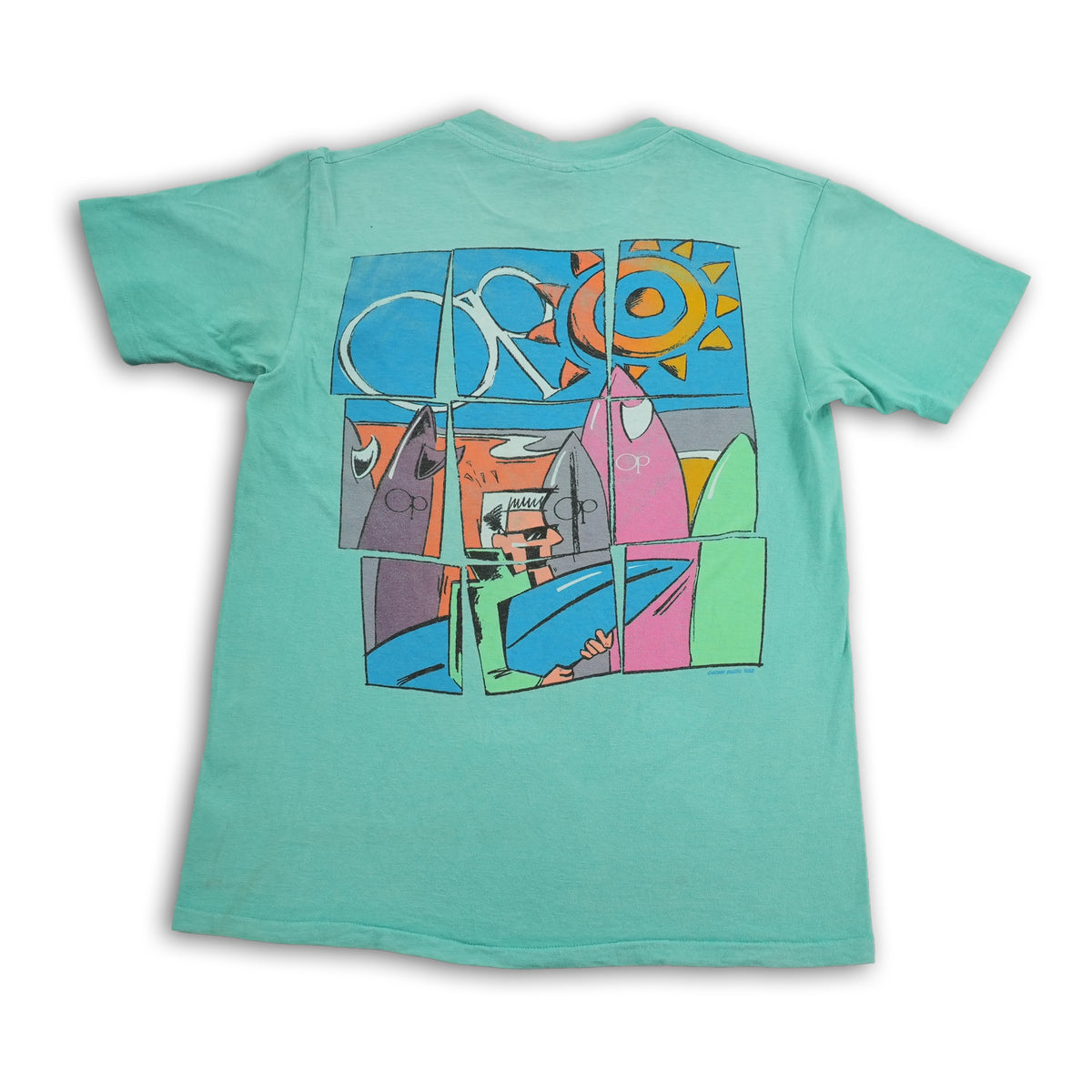 Vintage 1988 Ocean Pacific OP surf graphic T-shirt, turquoise, size M — photo 5 of 8