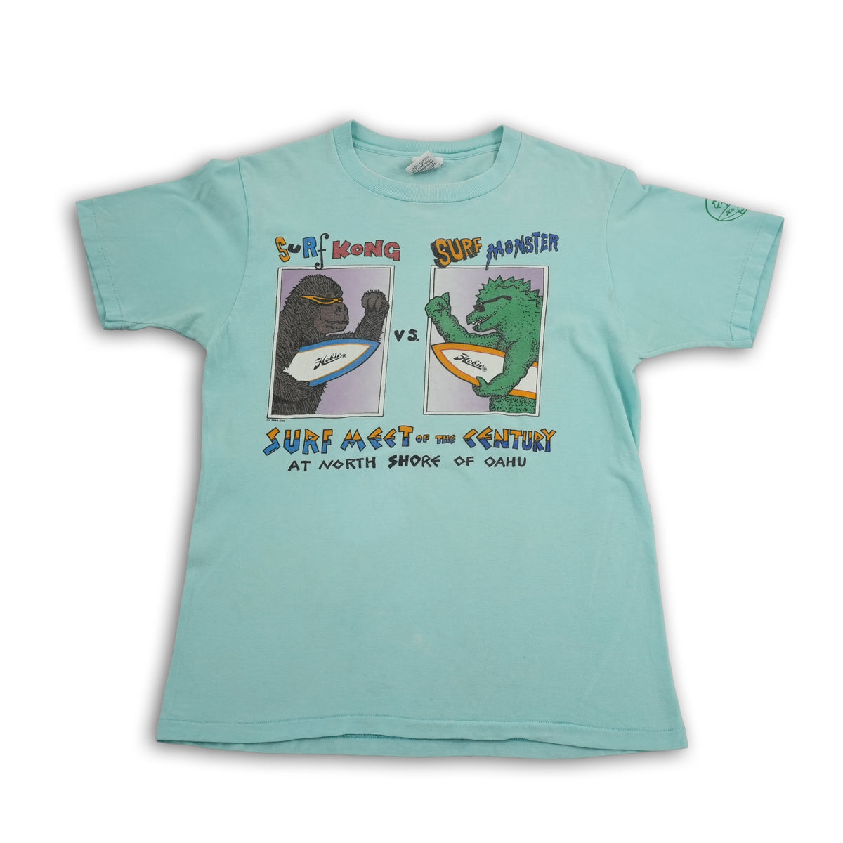 Vintage 1986 Hobie Surf Godzilla King Kong graphic T-shirt, light blue, size L